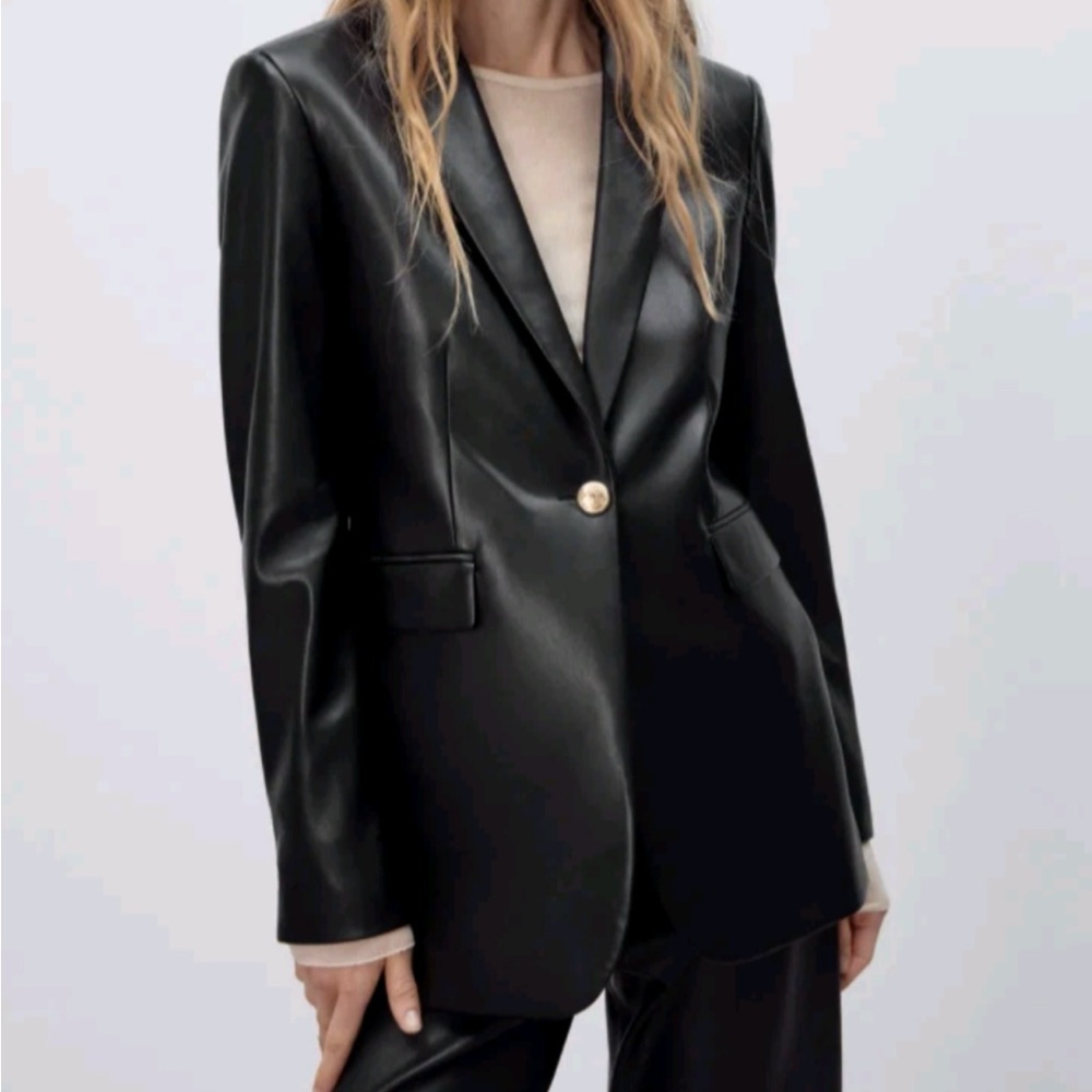Zara Elegant Faux Leather Black Women's Blazer